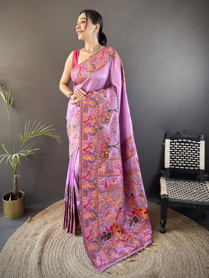 Lavender floral, meenakari, zari woven pashmina silk saree with blouse