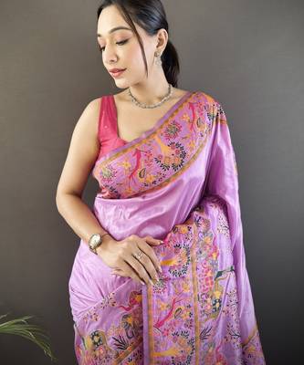 Lavender floral meenakari zari woven pashmina silk blend saree with blouse 2