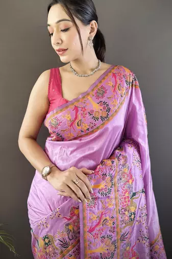 Lavender floral, meenakari, zari woven pashmina silk saree with blouse