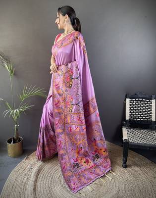 Lavender floral meenakari zari woven pashmina silk blend saree with blouse 3