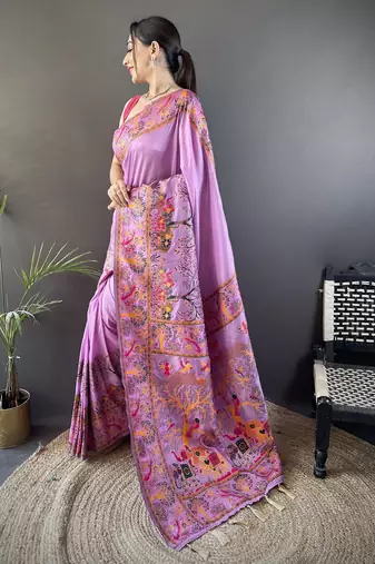 Lavender floral, meenakari, zari woven pashmina silk saree with blouse