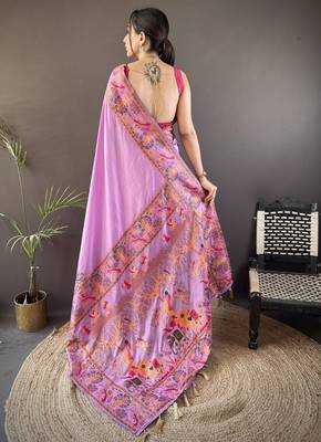Lavender floral meenakari zari woven pashmina silk blend saree with blouse 4