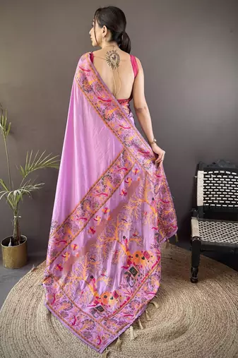 Lavender floral, meenakari, zari woven pashmina silk saree with blouse