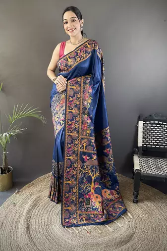Navy blue floral, meenakari, zari woven pashmina silk saree with blouse