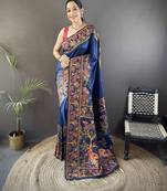 Navy blue floral, meenakari, zari woven pashmina silk saree with blouse