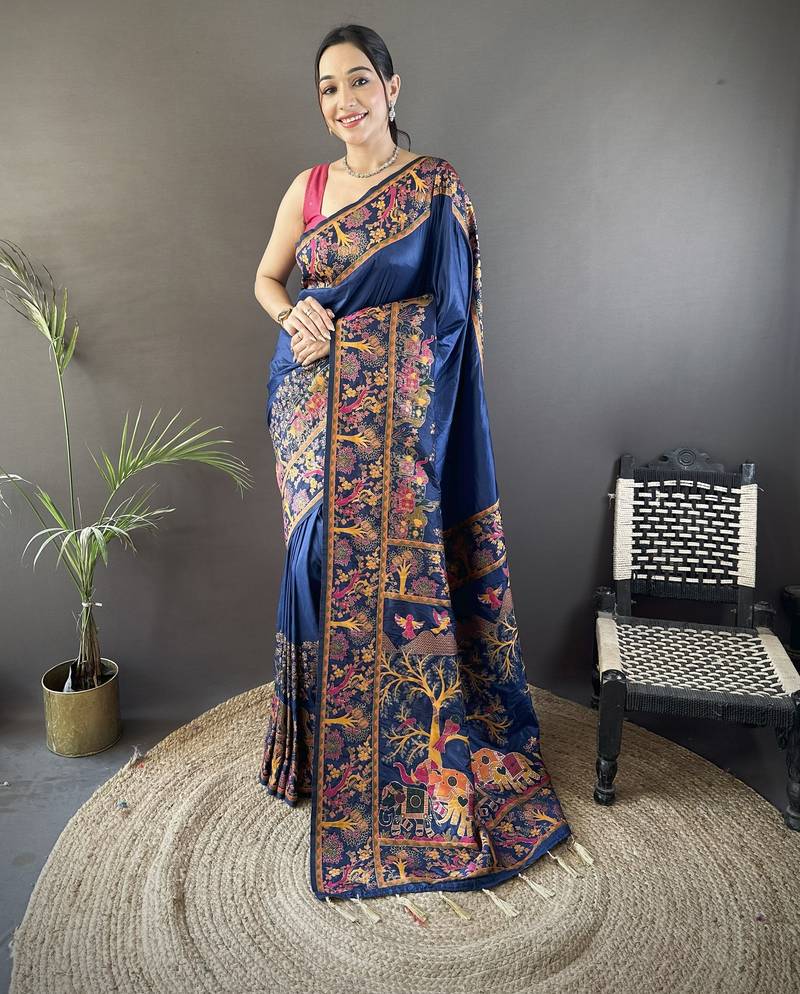 Navy blue floral, meenakari, zari woven pashmina silk saree with blouse