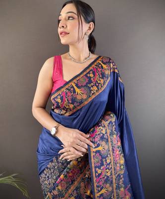 Navy blue floral meenakari zari woven pashmina silk blend saree with blouse 2