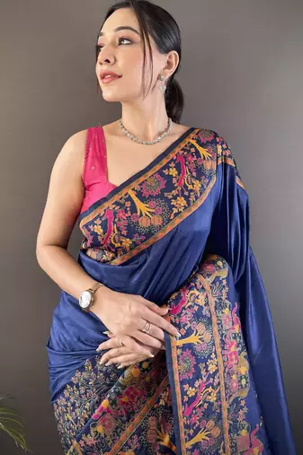 Navy blue floral, meenakari, zari woven pashmina silk saree with blouse