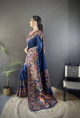 Navy blue floral meenakari zari woven pashmina silk blend saree with blouse 3