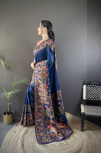 Navy blue floral, meenakari, zari woven pashmina silk saree with blouse