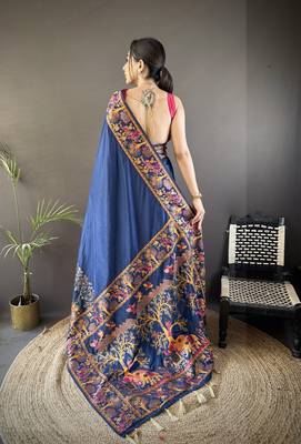 Navy blue floral meenakari zari woven pashmina silk blend saree with blouse 4