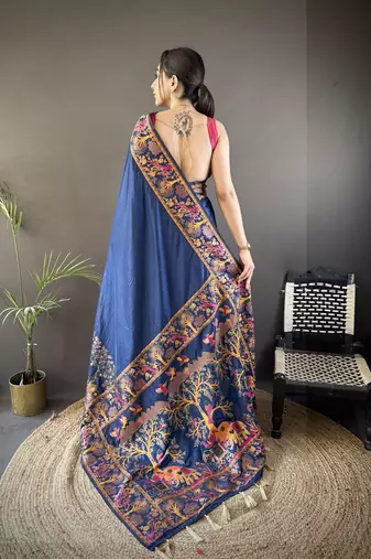 Navy blue floral, meenakari, zari woven pashmina silk saree with blouse