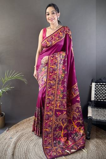 Wine floral, meenakari, zari woven pashmina silk saree with blouse