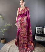 Wine floral, meenakari, zari woven pashmina silk saree with blouse