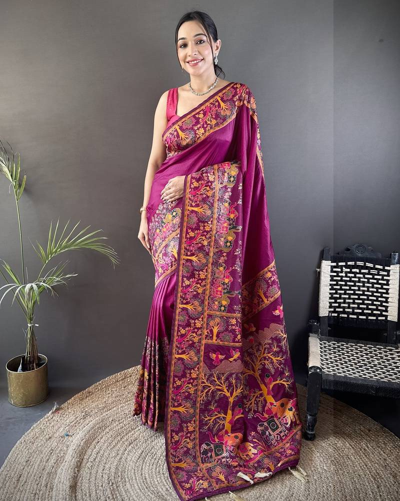 Wine floral, meenakari, zari woven pashmina silk saree with blouse