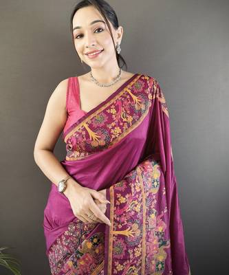 Wine floral meenakari zari woven pashmina silk blend saree with blouse 2