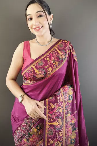 Wine floral, meenakari, zari woven pashmina silk saree with blouse