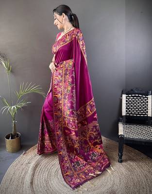Wine floral meenakari zari woven pashmina silk blend saree with blouse 3