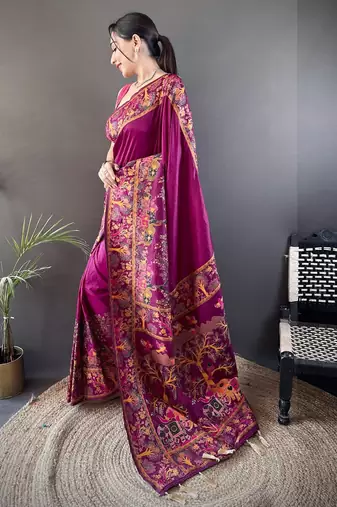 Wine floral, meenakari, zari woven pashmina silk saree with blouse