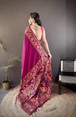 Wine floral meenakari zari woven pashmina silk blend saree with blouse 4