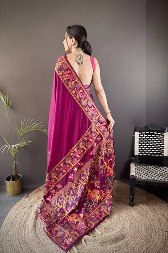 Wine floral, meenakari, zari woven pashmina silk saree with blouse