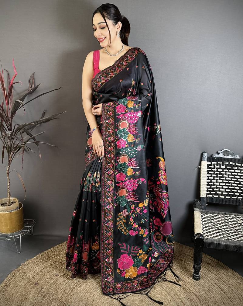 Black peacock, floral pashmina silk saree with blouse