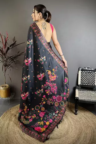 Black peacock, floral pashmina silk saree with blouse