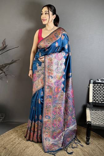 Blue floral, meenakari, zari woven pashmina silk saree with blouse