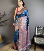 Blue floral, meenakari, zari woven pashmina silk saree with blouse