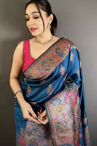 Blue floral, meenakari, zari woven pashmina silk saree with blouse