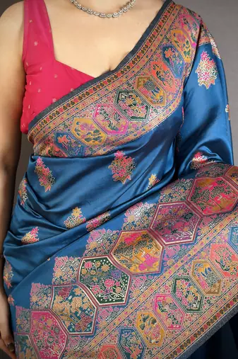 Blue floral, meenakari, zari woven pashmina silk saree with blouse