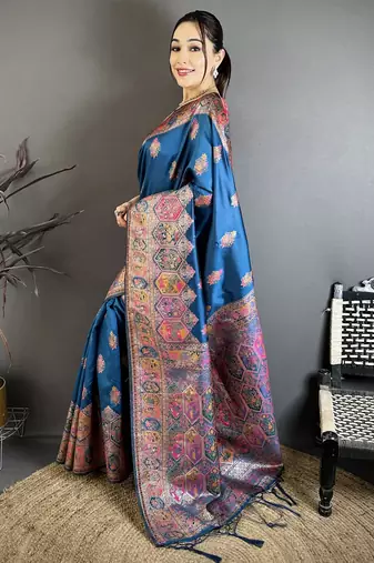 Blue floral, meenakari, zari woven pashmina silk saree with blouse
