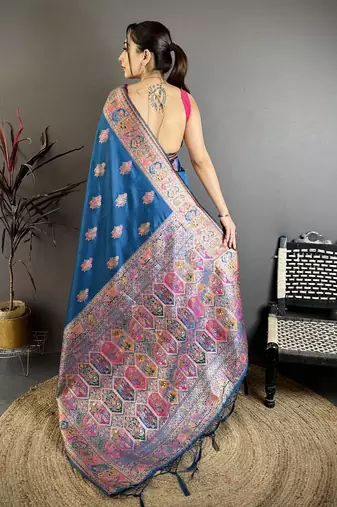 Blue floral, meenakari, zari woven pashmina silk saree with blouse