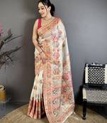 White floral, meenakari, zari woven pashmina silk saree with blouse