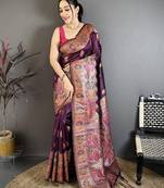 Wine floral, meenakari, zari woven pashmina silk saree with blouse