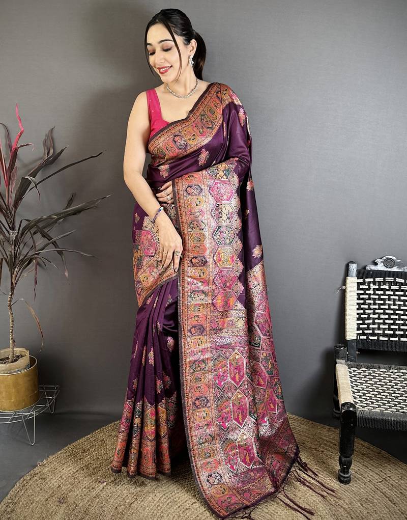Wine floral, meenakari, zari woven pashmina silk saree with blouse