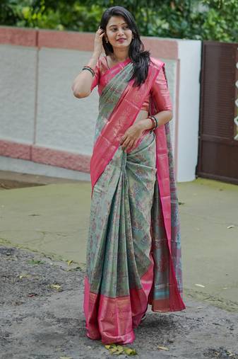 mint green floral, zari woven faux kanjivaram  semi silk saree with blouse