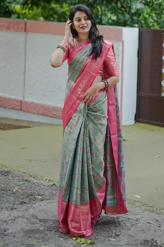 mint green floral, zari woven faux kanjivaram  semi silk saree with blouse