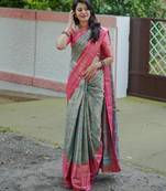 mint green floral, zari woven faux kanjivaram  semi silk saree with blouse
