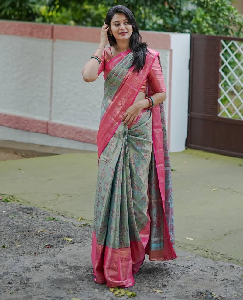 mint green floral, zari woven faux kanjivaram  semi silk saree with blouse