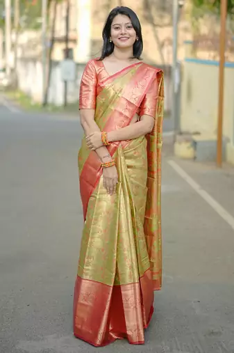 Parrot green floral, zari woven kanjivaram  semi silk saree with blouse
