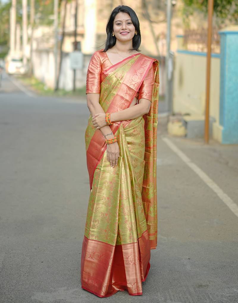Parrot green floral, zari woven kanjivaram  semi silk saree with blouse