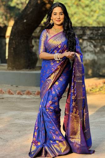 Blue floral, zari woven banarasi silk saree with blouse