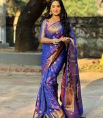 Blue floral, zari woven banarasi silk saree with blouse