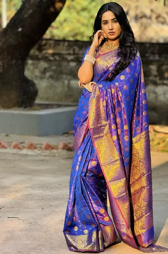 Blue floral, zari woven banarasi silk saree with blouse
