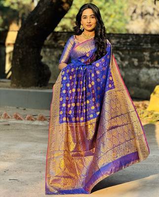 Blue floral zari woven banarasi silk blend saree with blouse 4