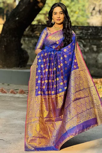 Blue floral, zari woven banarasi silk saree with blouse