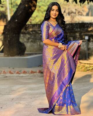 Blue floral zari woven banarasi silk blend saree with blouse 5