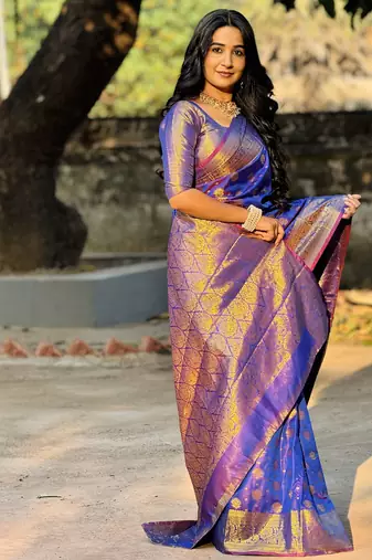 Blue floral, zari woven banarasi silk saree with blouse