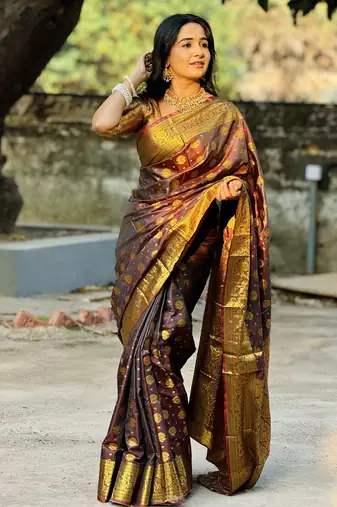 Brown floral, zari woven banarasi silk saree with blouse